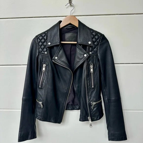 AllSaints Black Quilted Leather Moto Jacket - Picture 2 of 6